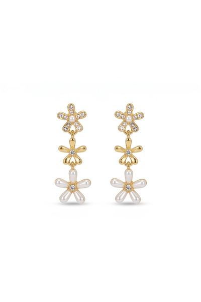 Zalaid Women's Three Flower Waterfall Gold and Pearls Pendant Earrings, Stain...