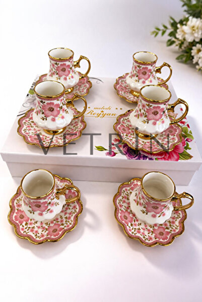 VETRİN 6'Lı Porselen Lüx Çiçek Desenli Altın Yaldızlı Kahve Fincan Takımı I 9...