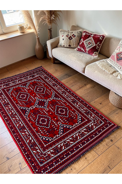 Zeora Home Afgan Desenli Makine Dokuma Kilim Etnik Otantik Anadolu Saçaklı Sa...