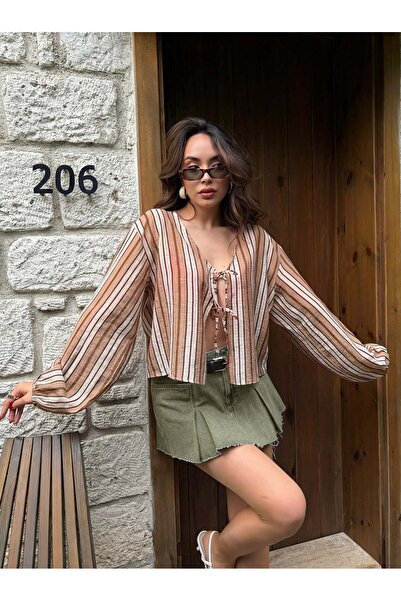 minaaise Γυναικεία μπλούζα από ύφασμα βισκόζης σε μπεζ χρώμα με ρίγες και δέσ...