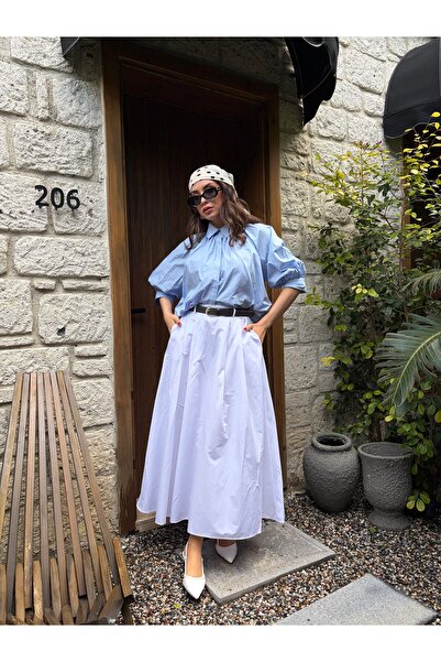 minaaise Λευκή γυναικεία φούστα από ποπλίνα σε γραμμή Α με πιέτες και ζώνη 31070