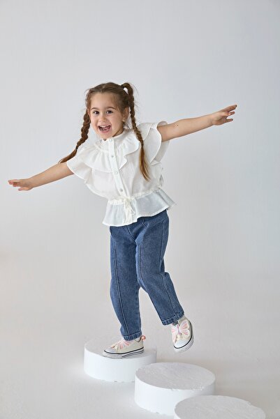 Patique Kids Girl's White Brode Floral Patterned Ruffle Shirt-Blue Denim Trou...
