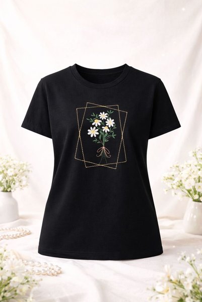 yubistitch Tshirt Embroidered Framed Flower-1- Black