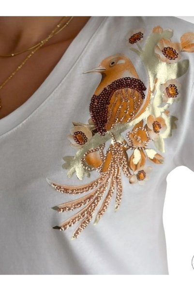 MİRVE BUTİK Bird Printed, Sequined and Embroidered T-Shirt