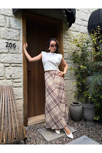 minaaise Καφέ καρό φούστα με επένδυση από τούλι, γυναικεία, στενή γραμμή 31031