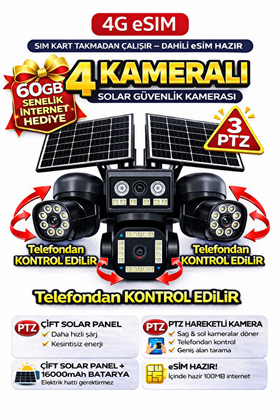 Naystek 4 Kameralı 4G eSIM Güneş Enerjili Güvenlik Kamerası 3 PTZ Solar Harek...
