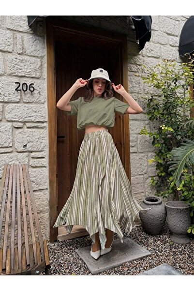 minaaise Χακί Γυναικεία Φούστα με Ασύμμετρη Κοπή και Ριγέ Φόδρα 31068