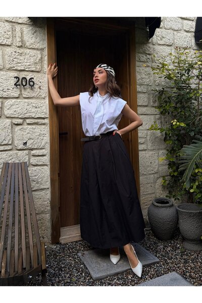 minaaise Μαύρη γυναικεία φούστα ποπλίνα σε γραμμή Α με πιέτες και ζώνη 31070