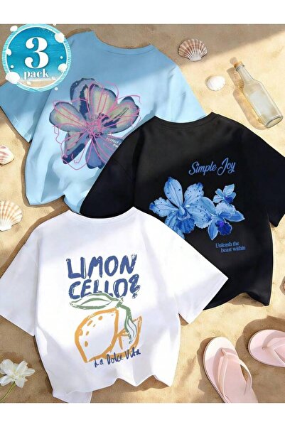 MORNİNG KİDS Kız Çocuk 3'Lü Paket Simple Joy-Çiçek-Limoncello Baskılı Penye T...