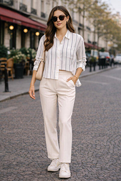 Duaras Atelier Çizgili Oversize Gömlek - Ekru