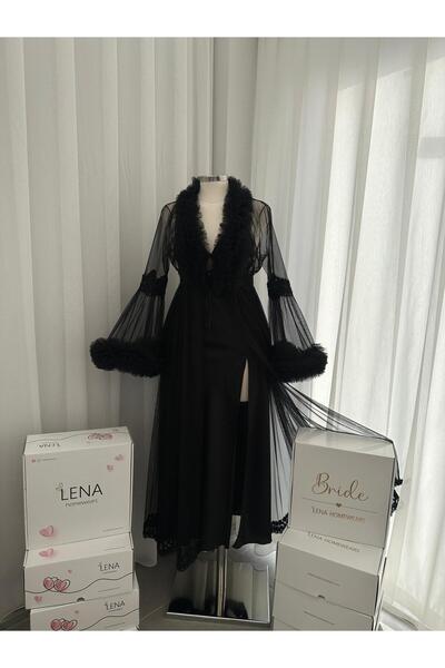 Lena Homewears Lena Siyah Tül Uzun Sabahlıklı Uzun Saten Gecelik İkili Özel G...