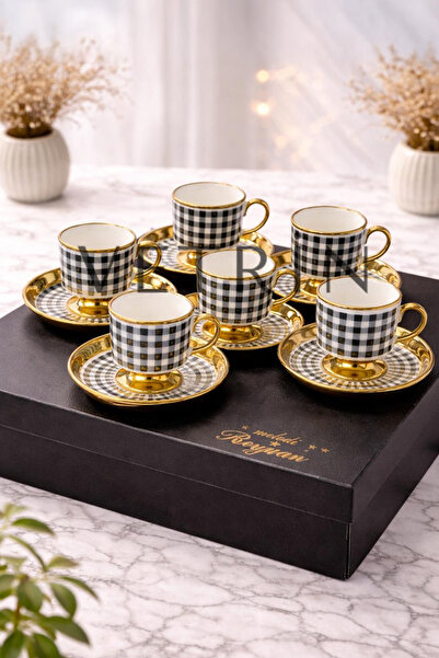 VETRİN 6-Piece Porcelain Luxury Modern Gold Gilded Coffee Cup Set I 90 Cc I