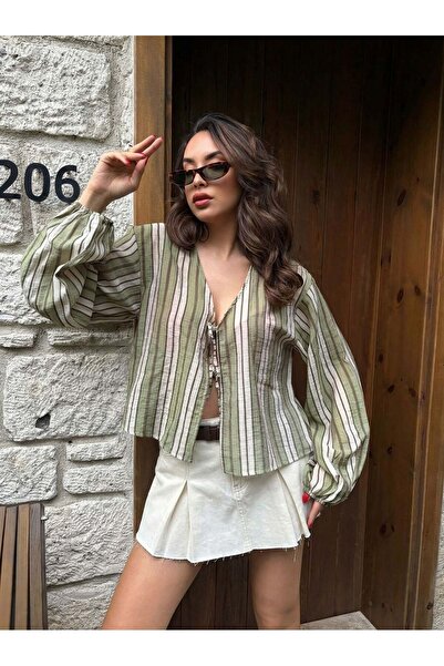 minaaise Γυναικεία ριγέ μπλούζα από ύφασμα βισκόζης χακί με δέσιμο μπροστά 31069