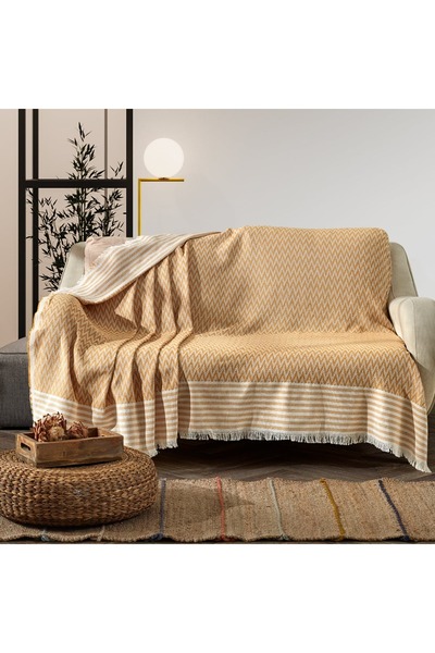 sevinchome Zigzag Natural Keten Koltuk Örtüsü | Koltuk Şalı Çekyat Örtüsü 170...