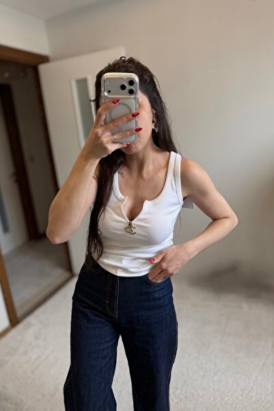 MoyStore White Basic Zipper Detailed Thick Strap Tank Top