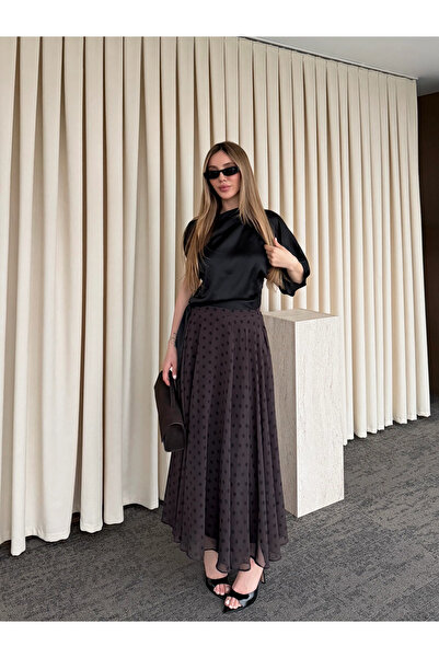 Laluvia Καφέ σιφόν φούστα πουά μακριά - 2506