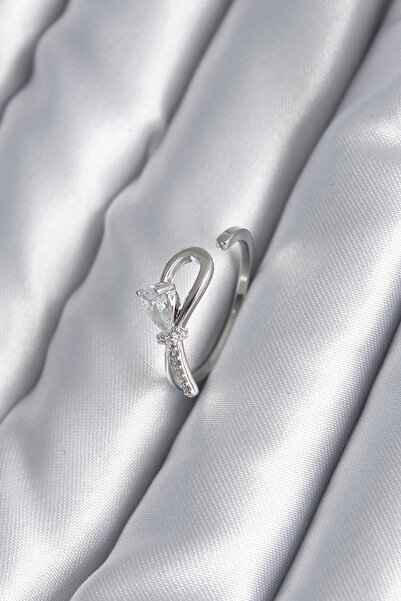 TakÇalıştır Brass Silver Color Zircon Stone Detail Ribbon Model Women's Ring