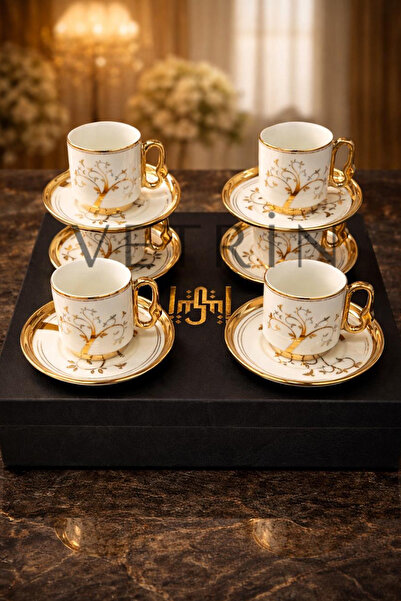 VETRİN 6'Lı Porselen Lüx Hayat Ağacı Desenli Altın Yaldızlı Kahve Fincan Takı...