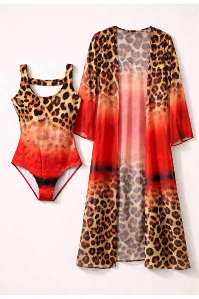 Nobrand Red ombre leopard swimsuit + kimono set, high waist, long cover-up