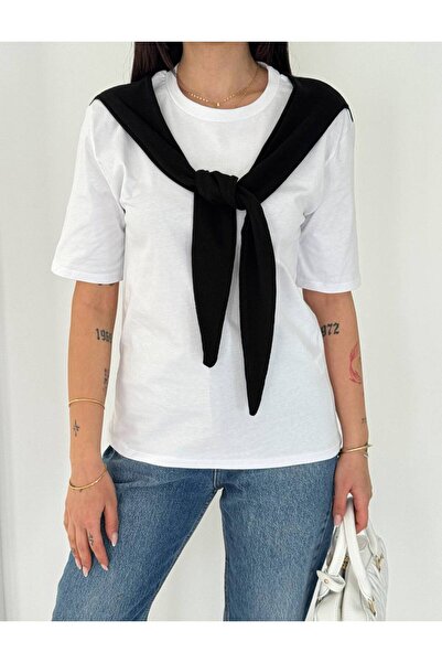 Noa&Noa Noa Noa Γυναικείο λευκό μπλουζάκι Basic Oversize με λεπτομέρεια φουλά...