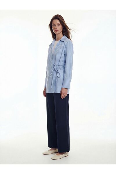 LC Waikiki Lcw Modest Blue Double-Breasted Collar Striped Poplin Women's Tunic