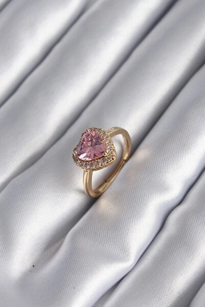 TakÇalıştır Brass Gold Color Pink Zircon Stone Heart Charm Model Women's Ring