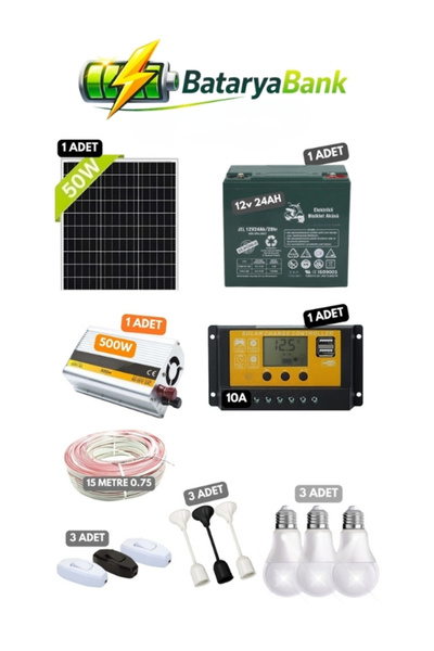 BataryaBank 50W Güneş Paneli Seti 12V 24Ah Jel Akü TV Çalıştırma Bağ Evi Yayl...