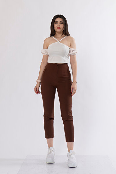 MissVina Trend Model Παντελόνι με λεπτομέρεια από ύφασμα ψηλόμεσο 30062