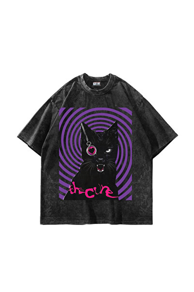 Bak Moda The Cure Printed Oversize Unisex Πλενόμενο Μαύρο T-shirt