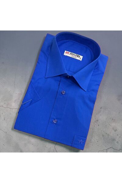 GÖMLEK GALERİSİ Classic Wide Cut Men's Plain Blue Cotton Short Sleeve Shirt