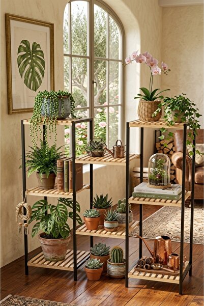 Bino Çiçeklik 3LÜSET Çok Amaçlı Metal Gövde Ahşap Raf 8RAF Bitki Standı Pasla...