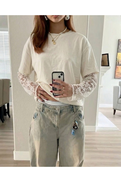 Toum Μπλουζάκι Oversize Streetwear με Δαντέλα Μποέμ στα Μανίκια