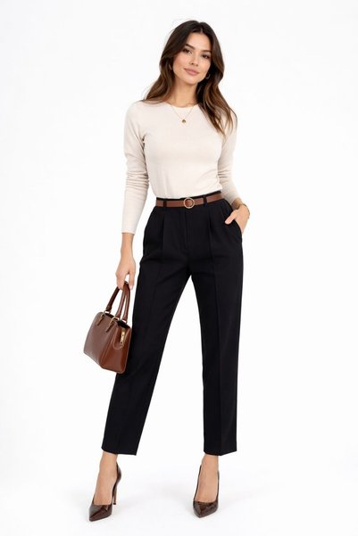 mor butik Women's Black Slim Leg Pleated Belted Seasonal Fabric Trousers