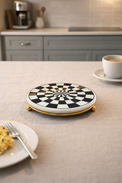 ferayhome Nihale Çaydanlık Tava Altlığı Siyah Damalı Gold - Feray Home