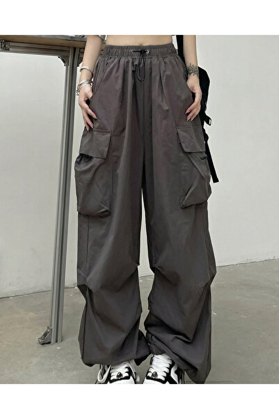 Touz Gray Tactical Parachute Fabric Oversize Unisex Trousers with Cargo Pockets