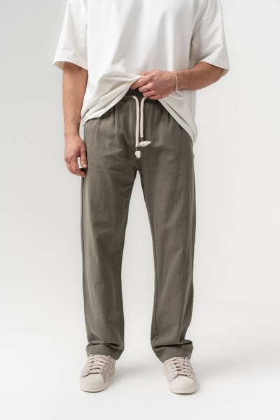 go gang own Λινό υφασμάτινο φαρδύ παντελόνι με λεπτομέρεια από σχοινί