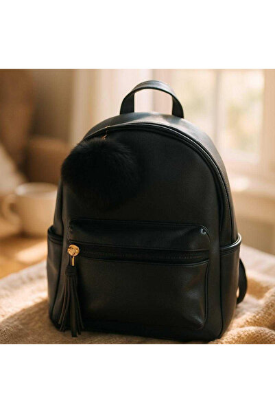 AFY Γυναικεία μαύρη τσάντα ώμου από οικολογικό δέρμα με αφράτο αξεσουάρ - αστ...