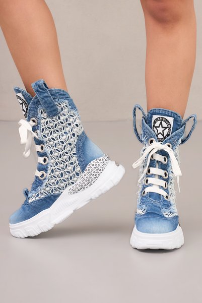 StarBlueMooN Women's Denim Boots with Fishnet Lace and Metal Details Summer Boots