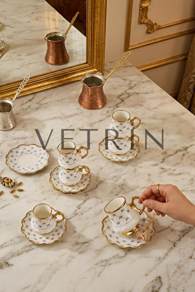 VETRİN 6'Lı Porselen Lüx Şık Altın Yaldızlı Kahve Fincan Takımı I 90 CC I