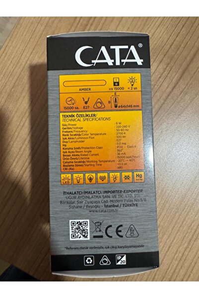 OFAS ENERJİ Cata CT 4313OFAS Dimmerli Uzun Flament 6 Watt Rustik Led Ampul AMBER Gün Işığı