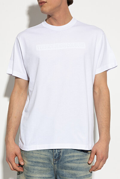 Versace تي شيرت رجالي من القطن ذو قصة عادية وشعار منقوش وياقة دائرية وأكمام ق...