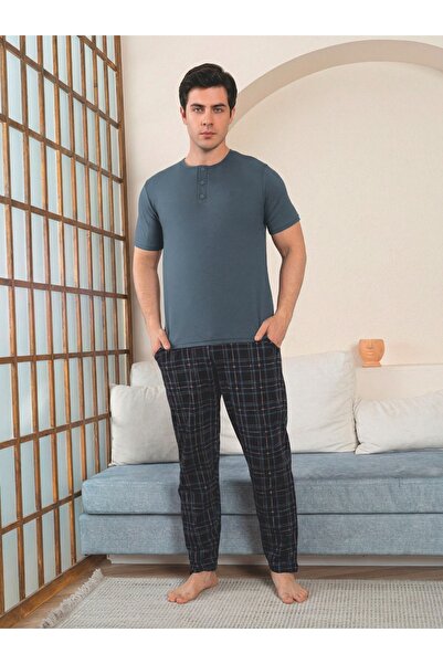 Elit Ανδρικό σετ πιτζάμες από ύφασμα Modal με κουμπιά στο γιακά, κοντό μανίκι...