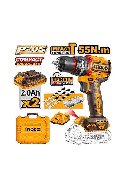Ingco Darbeli Matkap Seti 13 mm 20V 2X2.0AH- CIDLI20558E