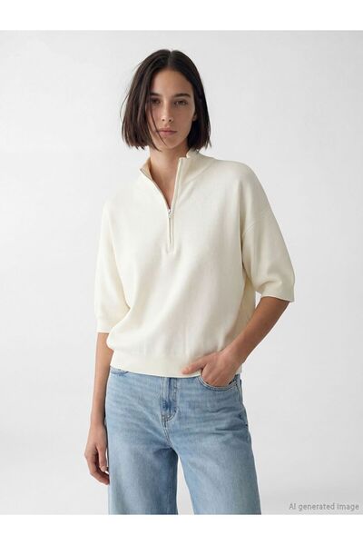 LC Waikiki Lcw Vision Beige Mock Neck Oversized Women's Knitwear Sweater