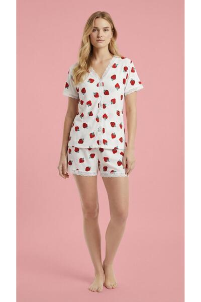 Elit Kadın Kısa Kol Dantel Detaylı Düğmeli Bürümcük Şortlu Pijama Takımı