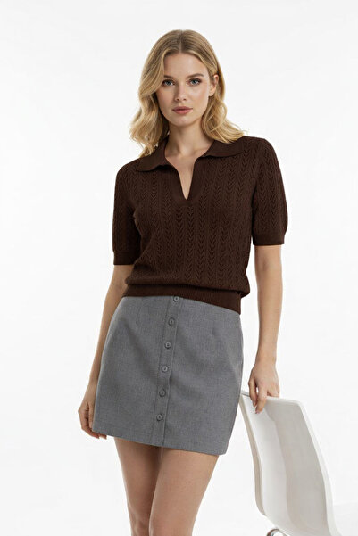 Noi Belis Πλεκτή μπλούζα με κοντό μανίκι και τρύπες στο γιακά πόλο SS26BZ0035