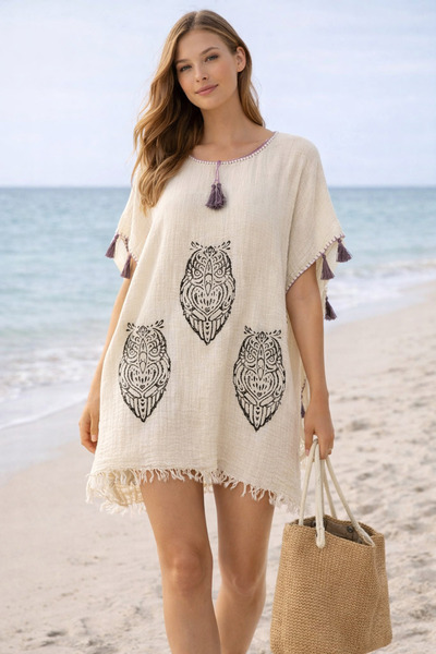 cottonheim Bohem Desenli Pamuk Pareo – Plaj Elbisesi / Kimono – Standart Bede...