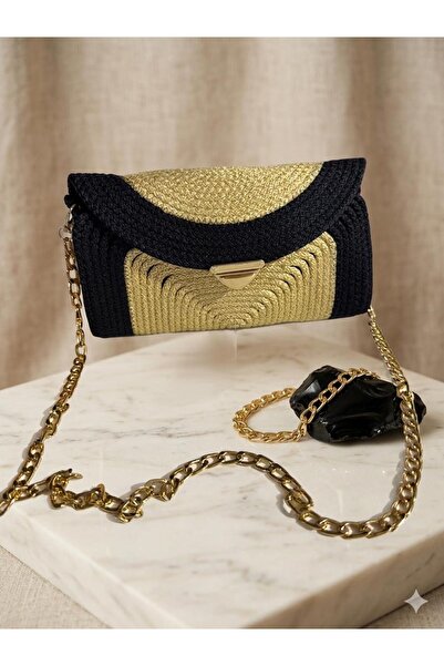 Rora Χειροποίητη πλεκτή γυναικεία τσάντα με λουράκι αλυσίδας/Μαύρη & χρυσή λε...
