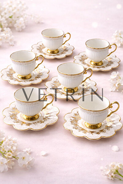 VETRİN 6-Piece Porcelain Luxury Stylish Gold Gilded Coffee Cup Set I 90 Cc I