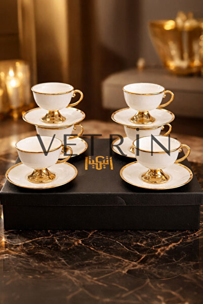 VETRİN 6-Piece Porcelain Luxury Stylish Gold Gilded Coffee Cup Set I 90 Cc I